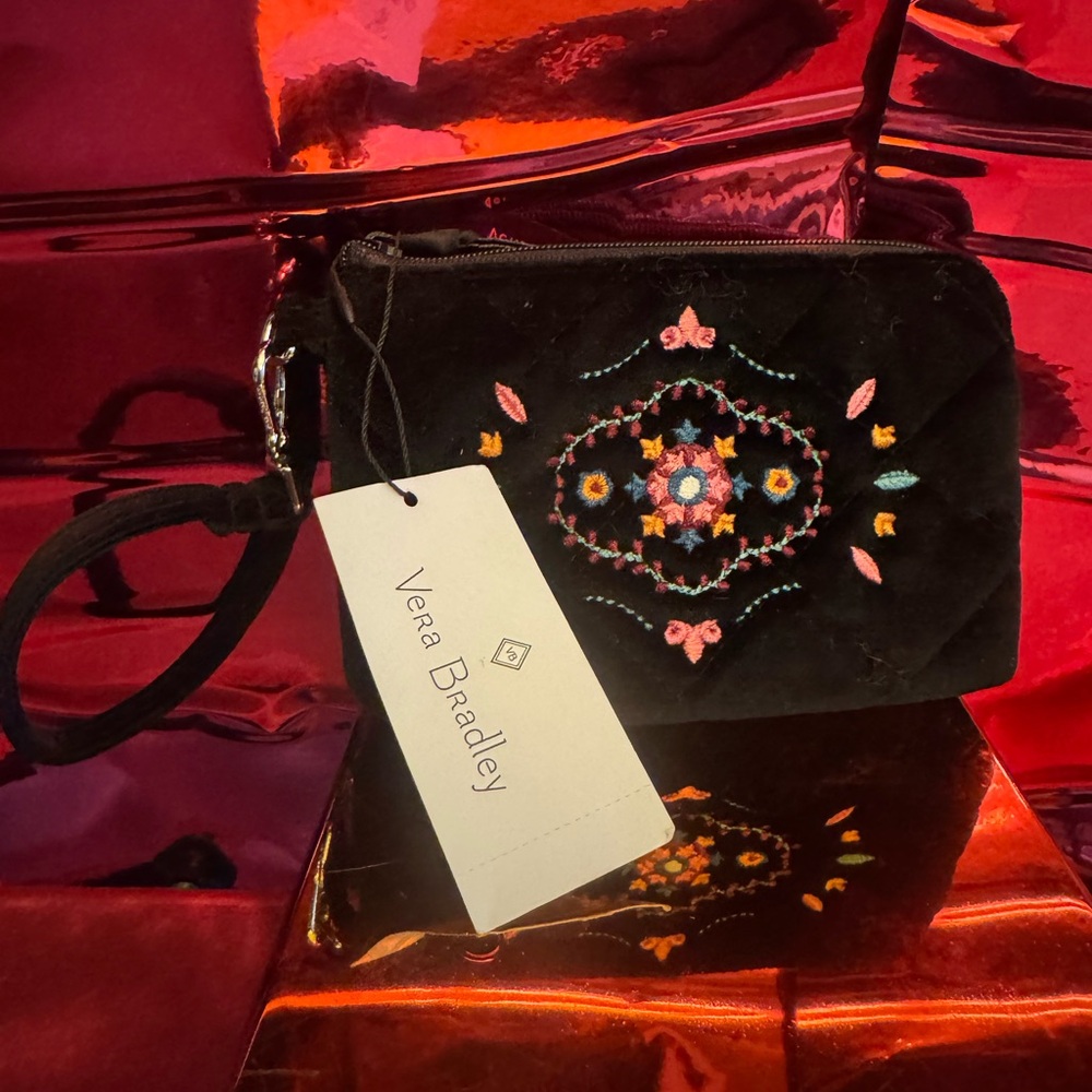 Vera Bradley Black Floral Embroidered Wristlet